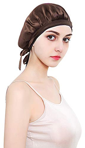 HINATAA Schlafkappe aus 100% Maulbeerseide, Schlafmütze für Frauen, Kopfbedeckung für Haare, Schönheit mit elastischem Band für Schlaf, Haarausfall, Haarschutz, braun, One size