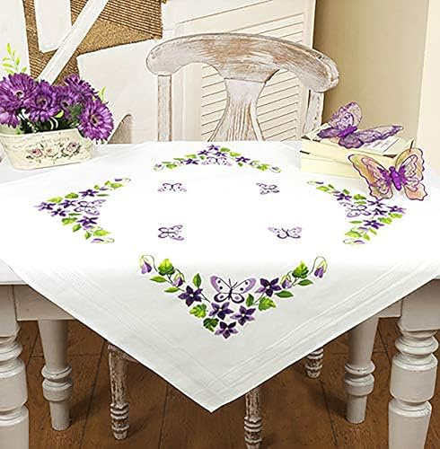 KAMACA Stickpackung Schmetterlinge und Blumen Tischdecke 80x80 cm – Vorgezeichnet – Komplettes Stickset aus 100% Baumwolle – Plattstich, Stielstich & Nadelmalerei – Stickerei Set für Erwachsene