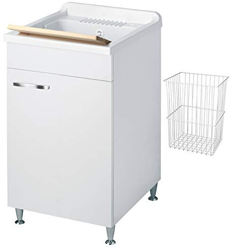 Negrari Classica Lavatoio Montato 45x50 L45 P50 H85 cm Bianco Bagno Cesto Mobile Legno Vasca Polipropilene Asse Pino Piedini Regolabili Cerniere Anta Rallentata Sportello Arrotondato Maniglia Cromata