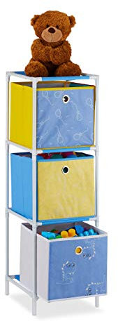 Relaxdays Kinderregal, 3 Boxen, Jungen & Mädchen, Dino-Design, Regal Kinderzimmer, Spielzeug, HBT 89x27,5x30 cm, Gelb