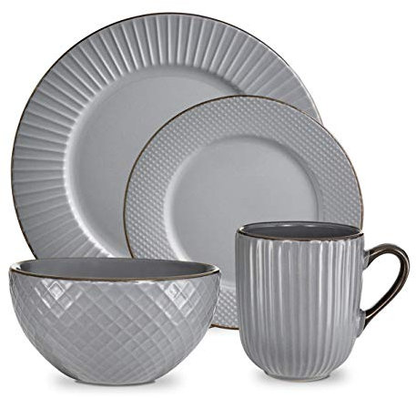 Tower T867002GRY Empire 16 Piece Dinnerware Set, Stoneware, Grey and Brass