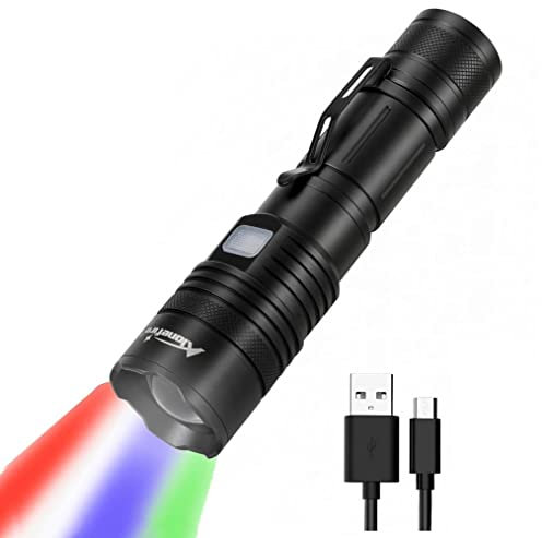Alonefire X37 Multicolore Torcia Tattica LED Professionale 4 Colori Rossa Verde Blu Bianca Ricaricabili USB Zoom con Indicatore di Carica,Potenza in Uscita, Batteria per Caccia Polizia Militare