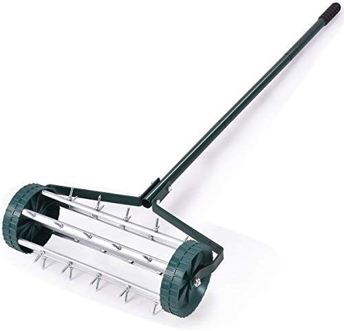 TANGZON Garden Rolling Lawn Aerator, Manual Grass Spikes Roller with Non-slip Handle, Heavy Duty Outdoor Garden Lawn Tool (45 x 21 x 126cm)