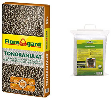 Floragard Blähton Tongranulat zur Drainage - Hydrokultursubstrat - für Pflanzkästen, Kübel oder Töpfe - 50 L & Dehner Filtervlies für Pflanztöpfe, ca. 2 x 1 m, weiß-grau