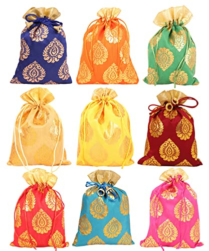 Touchstone Drawstring Bags Traditional Indian Handcrafted in Ficus Leaf Pattern Brocade fabric. Perfect for Gifts Jewelry Weddings Sweet Distribution Set of 9 Vibrant Multicolor Pouches Purses Potli