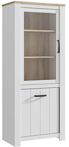 Newroom Vitrine Weiß Matt und Bianco Eiche Vitrinenschrank Modern - 76,9x185,5x42,2 cm (BxHxT) - Glasvitrine Standvitrine Glasschrank - [Akil.Four] Wohnzimmer Wohnstube
