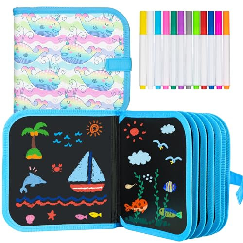 Tarnel Portatile da Disegno per Bambini, Doodle Giocattoli, Riutilizzabile Libro di Pittura, 12 Penne Colorate Cancellabili, 14 Pagine (Balena)