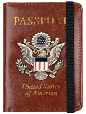 TOURSUIT RFID Blocking Passport Holder for Women Men, Leather Passport Travel Wallet with Metal 3D Metal Badge, Travel Document Holder Cover Accessories (Brown)