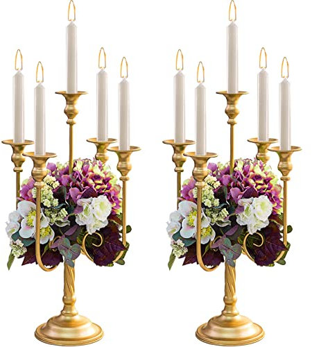 Centre de table en forme de chandelier doré pour tables, 2 supports d'arrangement floral et 5 bras pour fête de mariage, dîner, centre de table, accessoires décoratifs pour la maison