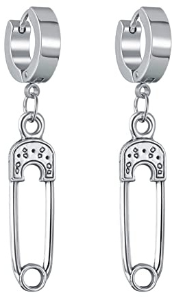 Flongo Damen Ohrringe Herren Ohrstecker mit hängendem Pin Sicherheitsnadel Anhänger Gestüt Stecker Huggie Ohrhänger Creolen Gotik Punk Frauen Männer
