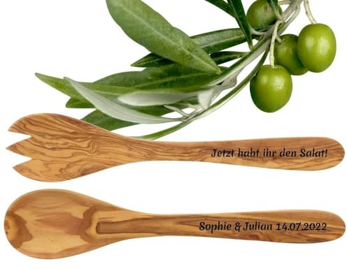 HOFMEISTER® Salatbesteck Olivenholz mit Gravur – personalisiert mit Name oder Spruch, Geschenk zur Hochzeit oder zum Einzug, einzigartige Maserung – handgefertigt, 29 cm (1 Stück)