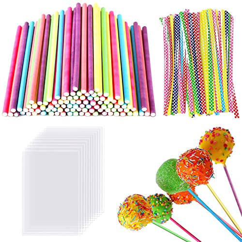 UGBO Palitos Cake Pops 100 Pzs Palos Cake Pops con 100 Pzs Bolsas Celofan Transparente y 100 Pzs Alambre Cerrar Bolsas Cake Pop Bolsas de Plastico Transparentes para Lollies ​Hacer Galletas Chocolate