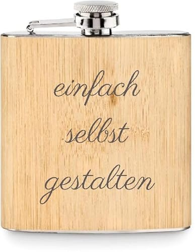 Edelstahl Flachmann 200 ml silber inkl. individuelle Gravur in Schwarz - personalisiertes Geschenk für Geburtstag, Weihnachten, Vatertag, Trauzeugen - 5 Zeilen (Holz)