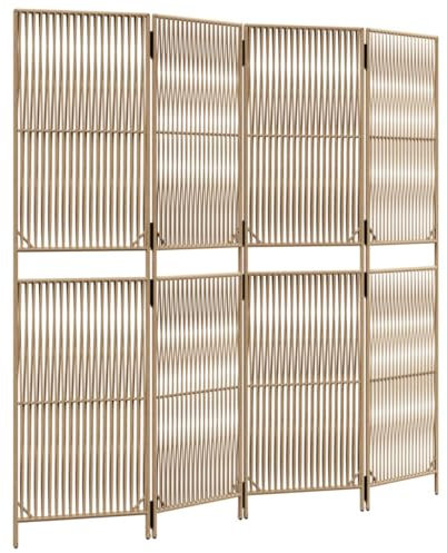 vidaXL Paravent 4-TLG., Raumteiler Linien-Webdesign Faltdesign, Trennwand Sichtschutz für Innen Außen, Spanische Wand Raumtrenner, Beige Poly Rattan