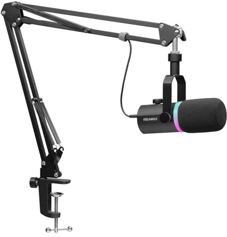 FEELWORLD PM1 XLR USB Dynamisches Mikrofon mit Boom Arm Stand für Podcast Aufnahme PC Computer Gaming Live Streaming Vocal Voice-Over, Studio Metall Mikrofon, RGB Licht, Mute Taste, Kopfhöreranschluss