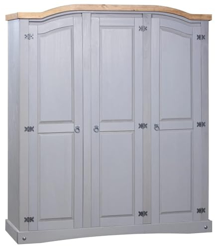 Gecheer Kleiderschrank Dielenschrank Schrank Mit 3 Türen Garderobenschrank Designschrank Schlafzimmerschrank Kleiderstange Aktenschrank 150,5 x 52 x 170 cm (L x B x H) Grau und Braun (Oberplatte)