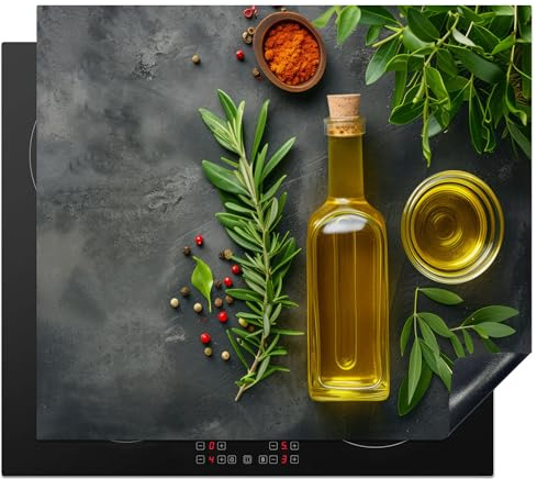 KitchenYeah© Protection Pour Plaque Induction Deco Cuisine Protégé Cache De | 59x52 cm - Cuisson Vitroceramique Tapis Huile d'olive - Béton - Feuilles - Herbes - Poivre