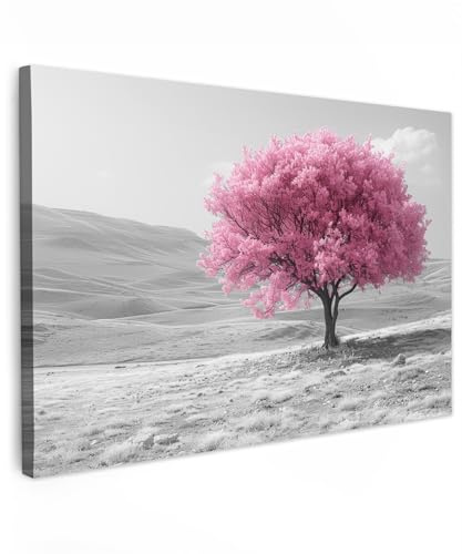 MuchoWow© Leinwandbilder Groß XXL Wall Art Decoration Bilder für die Wand | 120x80 cm - Schlafzimmer Deko Canvas Painting Wanddekoration Wohnzimmer Baum - Rosa - Schwarz und weiß - Natur