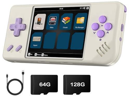 RG28XX Console de jeu portable avec écran de 7,2 cm, système classique 128 Go avec 10 000 jeux, consoles de jeux vidéo rétro portables rechargeables à main (beige blanc)