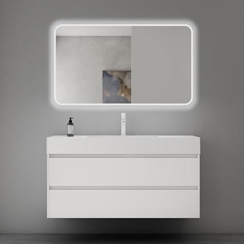 Mai & Mai Badmöbel-Set Waschtisch mit Unterschrank Deep Waschbeckenunterschrank 120x48x63cm in Weiß matt mit 2-Schubladen inkl. Waschbecken und LED-Badspiegel