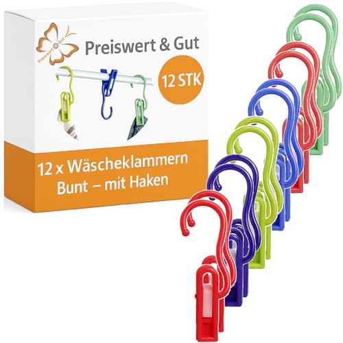 12 STK Wäscheklammern bunt mit Haken für Wäscheleine und Lichtkabel | Wäscheklammer mit Haken zum Aufhängen, umkehrbar für Wäschespinne, Camping und Lichtkabel ohne Wäscheleine