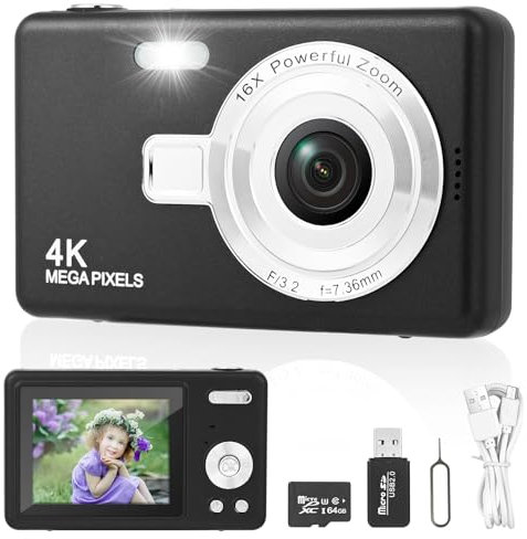 Digitalkamera Fotokamera mit 32GB Karte, Tragbare Fotoapparat, HD 1080P Fotokamera Kompaktkamera, 40MP Fotoapparat, 8X Digital Zoom Digital Kamera für Teenager, Anfänger (Schwarz)