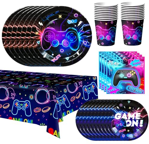 Vaisselle de Fête Jeu Vidéo, Fournitures de Fête D'anniversaire de Jeu - Assiettes Serviettes Nappe etc Vaisselle de Decoration Anniversaire Jeu Vidéo Décoration D'anniversaire Jeu Vidéo pour Garçons