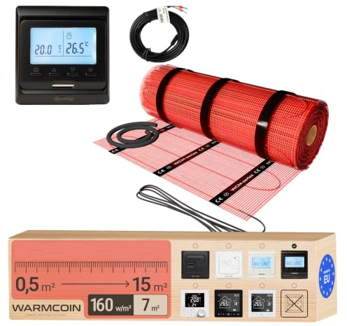 Warmcoin® Kit Riscaldamento a Pavimento Elettrico 160W/m² – Stuoia Autoadesiva 7,0 m² (0,5x14m) – Piastrelle, Laminato, Vinile – Con Cronotermostato LCD Programmabile W51 Nero