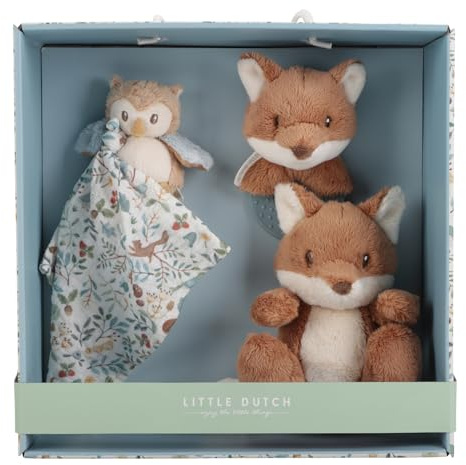 Little Dutch Geschenkset Baby 3-teilig (Schmusetuch, Greifling, Stofftier) ideal zur Geburt Fuchs blau - Forest Friends