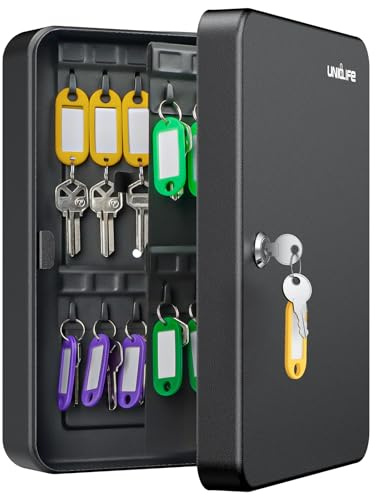 Uniclife Armario para llaves de 60 posiciones con cerradura de llave, caja de almacenamiento de seguridad negra para montar en la pared, organizador de llaves de acero con etiquetas coloridas para