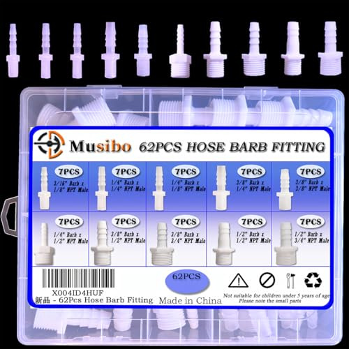 62 Pcs 10-Size Hose Barb Fittings Assortment, Barb + NPT Male Thread Adapter Hose Fittings, Plastic Joint Splicer and Mender Union Adapters for Fuel, Gas, Liquid, Air Tubing.