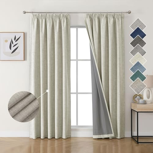 Joydeco 100% Verdunkelungsvorhänge Leinen Gardinen mit Kräuselband 2er Set H229xB117cm Hellbeige, Thermovorhang Kälteschutz Blickdicht Schallschutz Ideal für Wohnzimmer passt zu Schienensystemen