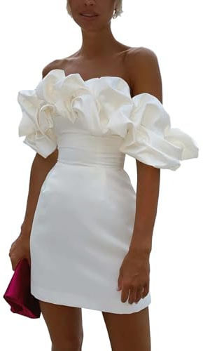 xxxiticat Mini abito da donna in raso, elegante, con spalle aperte, senza maniche, per feste, cocktail, club, bianco, XS
