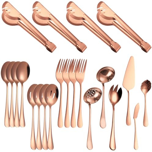 OWOHYG Silverware Flatware Cutlery Set, 22 Piece Stainless Steel Serving Utensil Set Butter Knife Cake Spatula Serving Spoon Fork (Rose Gold)