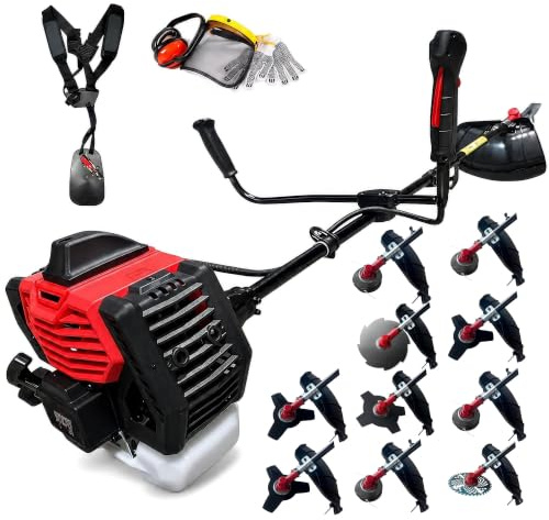 Synergy Desbrozadora Gasolina 65cc 4,9CV 10 en 1 – Motor 2T – 1 Cabezal Automático Reforzado, 3 Cabezales, 3 Discos 3 Puntas, Disco 4 y 8 Puntas, Widia y Arnés