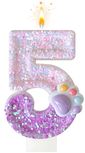 Bougie Chiffre 5 Anniversaire – Bougie Rose Pailletée Avec Motif Patte de Chat et Chien Pour, Deco Gateau sur le Thème des Animaux, Convient pour les événements de fête, Les Décorations d'anniversaire