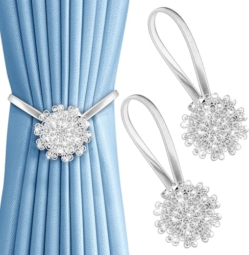 2 Pack Curtain Tie Backs, Sparkling Floral Decorative Strong Magnetic Curtain Tiebacks No Drilling Glittering Floral Accent Curtain Holdbacks Crystal Window Curtain Curtain Holder for Home Hotel