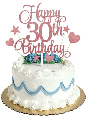 30th Happy Birthday Cake Topper Rose Gold Glitter,Personalised Cake Toppers for Men Boys Women Girls Birthday Party Cake Decorations Kit with Star Heart Cupcake Topper