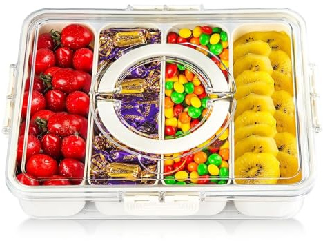 Maridergo Fridge Food Storage Containers with Lid Handle, Divided Snack Box Serving Tray Airtight Food Containers with 4 Removable Compartment Box for Salad,Vegetables, Fruit, Snacks