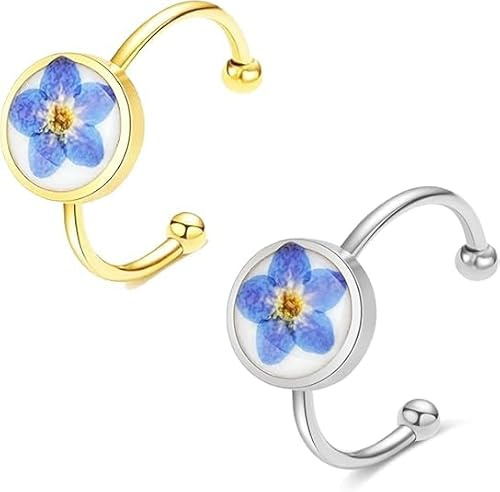 Carykon 2 st justerbara fingerringar för älskare vänner handgjorda torkade blommor uttalande ring för kvinnor förgätmigej blommor justerbar öppen bandring för bröllop