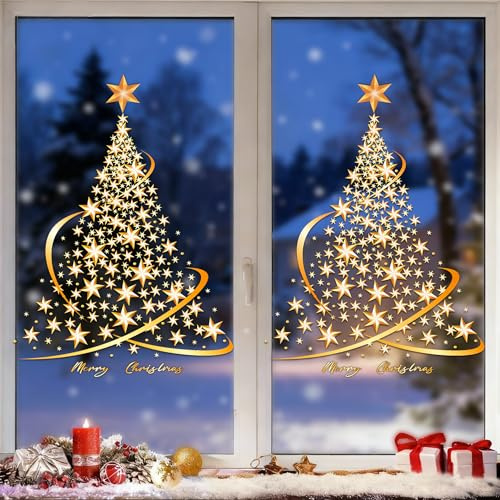 Fensterbilder Weihnachten Gold, Fensterbild Weihnachten Groß, Statische, Wiederverwendbar, für Fenster Wand Türaufkleber Schaufenster