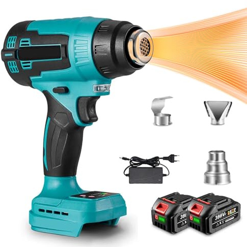 Cordless Heat Gun for Makita 18V Battery Hot Air with 3 Nozzles 9 Levels Adjusted Heat Shrink Gun with LCD Digital Display(50-500°C) for Welding,Bending Pipes,Colour Removal（Includes Two Batteries）