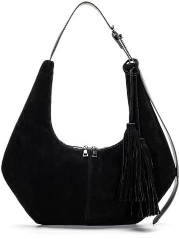 Herald Tassel Suede Hobo Shoulder Bag for Women, Retro Slouchy Crescent Crossbody Purse Handbag with Adjustable Strap (Black)