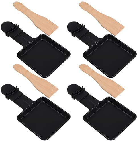 Hohopeti 4 Sets Multifunctional Mini Raclette Grill Pan with Small Cheese Melter Trays and Spatulas High-Temperature Resistant Electric Cooking Pans for Flavorful Barbecue Quick Heating