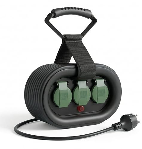 Camping Kabeltrommel 15m IP44 mit GS TÜV | Reset-Knopf, thermischer Überlastschutz, H05RR-F 3G1.5 mm² Verlängerungskabel, Outdoor-Kabelrolle, Garten, Baustelle