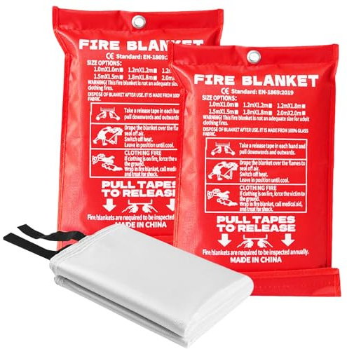 Editbar 2 Stück Löschdecke 100 ×100CM – Hitzebeständig, Schwer Entflammbar, Küche Feuerlöschdecke DIN EN 1869:2019 geprüft, Glasfaser Brandschutzdecke Feuerlöscher Für Haushalt, Küche, Auto & Notfälle