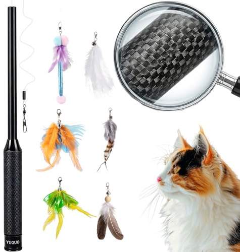 YEGUO Katzenangel stabil & lang (142cm) - Interaktives Katzenspielzeug Angel Set aus Carbon mit 6 Anhängern für aktive Katzen Drinnen Und Draußen.