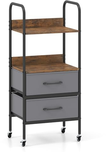 CASART Printer Stand on Wheels, 4-Tier Mobile Printer Table with 2 Fabric Drawers & 2 Open Shelves, Rolling Utility Storage Cart Makeup Organizer Holder for Bedroom Living Room Office