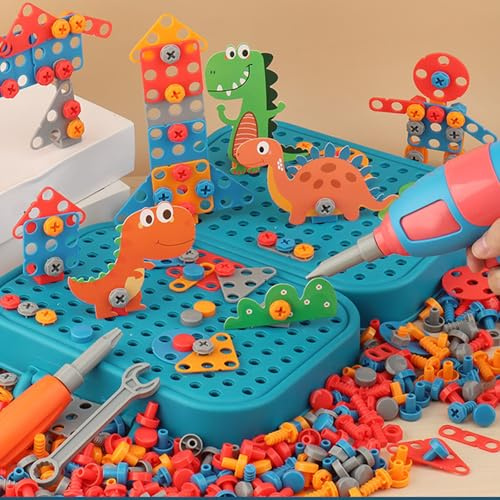 Chrees Dinosaur Puzzle Drill Tool Box, Educational Plug in Game for Kids Boys, with Realistic Toy Tools for Logic Thinking and Hand Eye Coordination (Dinosaur Drill)