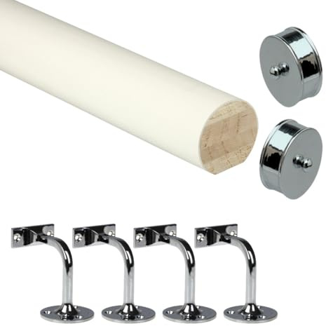 Jackson Woodturners White Primed Mopstick Handrail Kit with Chrome Wall Brackets & End Caps, Paintable Round Wooden Stair Rail for Staircase, Hallway & Landing (3600mm + 4 Wall Brackets)